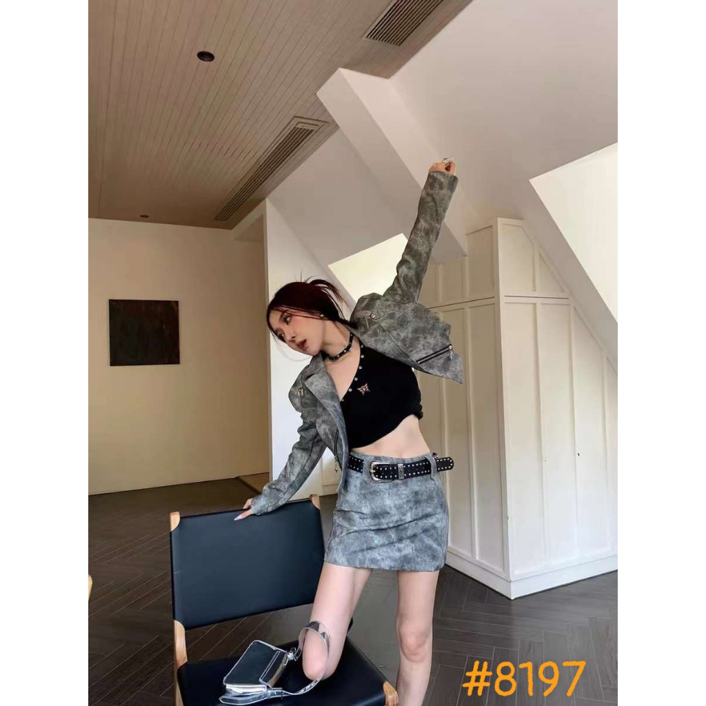 Chân váy da loang dáng chữ A kèm đai đinh hot M#8197