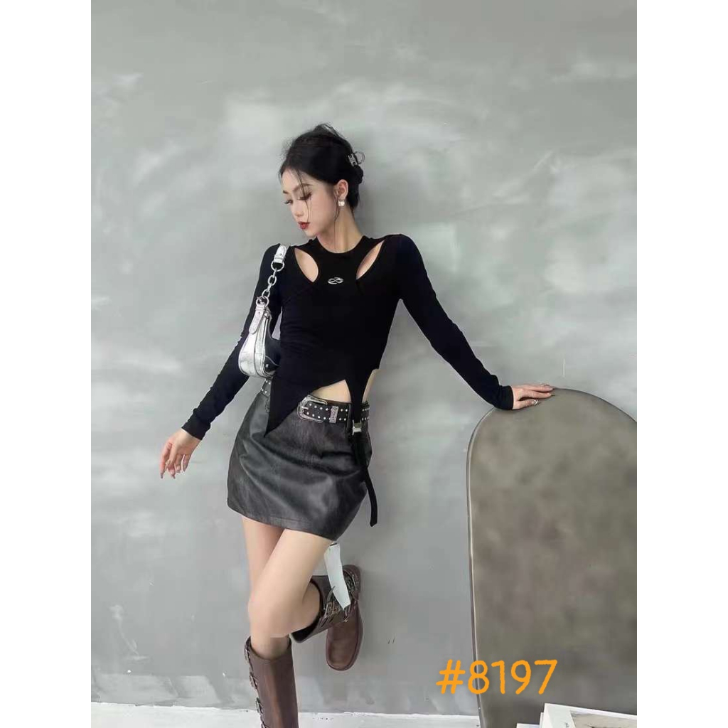 Chân váy da loang dáng chữ A kèm đai đinh hot M#8197