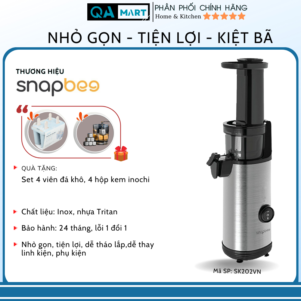 Máy ép hoa quả chậm Snapbee SK202 ép kiệt bã, nhỏ gọn, dễ lắp ráp - Chính hãng, bảo hành 24 tháng, phân phối bởi QA Mart