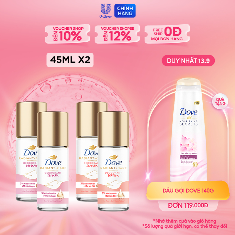 Combo 2 Lăn khử mùi tinh chất serum cao cấp Dove với 3% Niacinamide dưỡng da sáng mịn đều màu 45ml không khác lăn nách