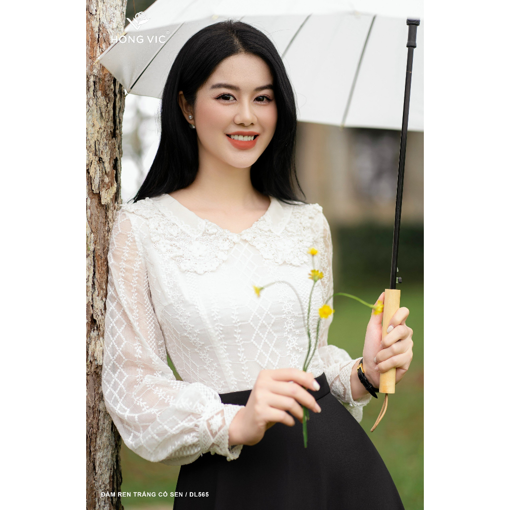Đầm nữ thiết kế Hong Vic ren trắng cổ sen DL565