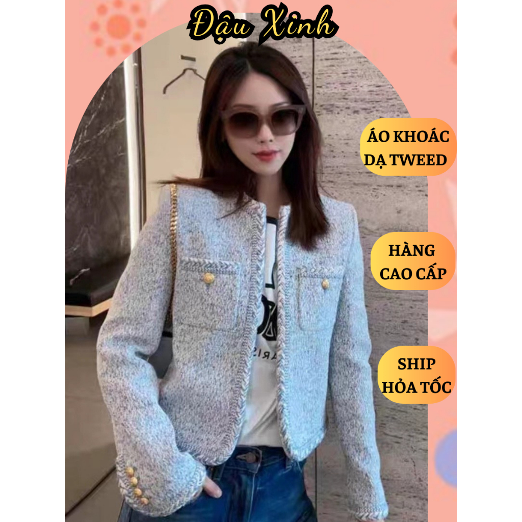 Áo khoác dạ Tweed cao cấp, áo cardigan dáng ngắn thiết kế tay dài cúc đẹp, vải dạ dày dặn- DA05
