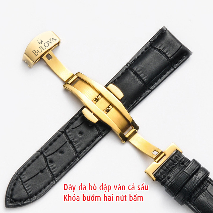 Dây đeo cho đồng hồ Bulova, da bò dập vân cá sấu, chống hút mồ hôi, khoá 2 nút bấm