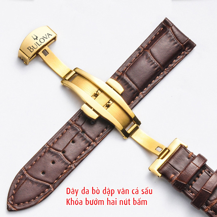 Dây đeo cho đồng hồ Bulova, da bò dập vân cá sấu, chống hút mồ hôi, khoá 2 nút bấm