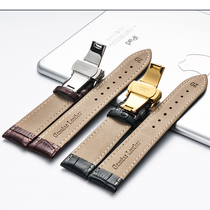 Dây đeo cho đồng hồ Bulova, da bò dập vân cá sấu, chống hút mồ hôi, khoá 2 nút bấm