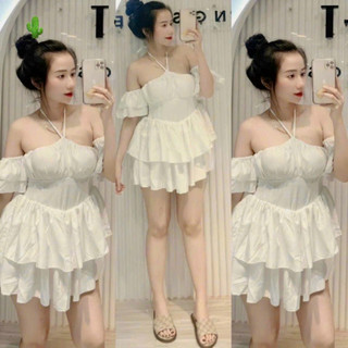 đầm yếm trễ vai tay ngắn 2 tầng xinh chất kate mềm