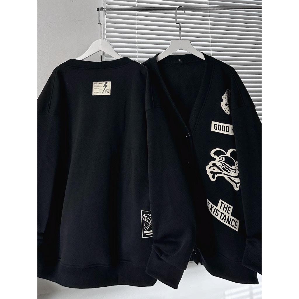 Áo Khoác Cardigan NAM Nữ dáng rộng in hoạt tiết xương chéo độc đáo, Áo khoác nỉ cúc dài tay form rộng nổi bật cá tính