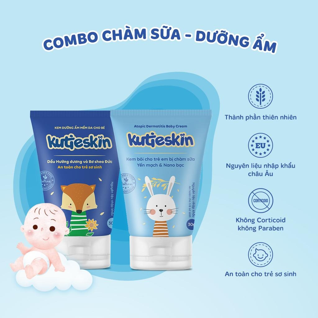 Combo kem chàm sữa và kem dưỡng ẩm Kutieskin cho em bé sơ sinh không chứa parben và corticoid