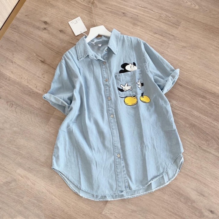 Áo jean nữ form rộng thêu NY - áo bò nữ Mickey from thụng xinh cá tính bán theo phân loại