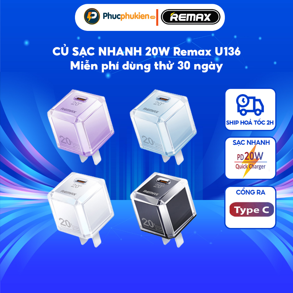 Củ sạc nhanh 20w Remax U136 Cry Series cổng Type C sạc nhanh 20w dành cho 14 pro max trở xuống - Phúc phụ kiện Remax