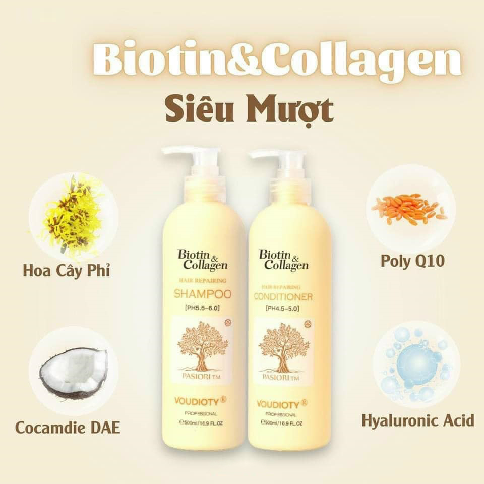 Dầu Gội Xả Voudioty Biotin & Collagen Hair Repairing Pasoiri TM Shampoo & Conditioner Phục Hồi Hư Tổn, Tóc Siêu Mềm Mượt