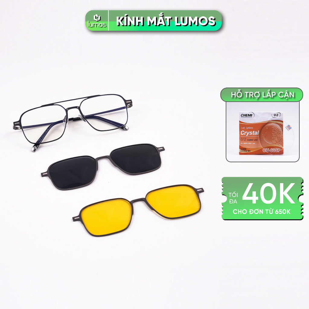 Gọng kính cận Lumos nam châm 2in1 dáng vuông hợp kim siêu nhẹ chống han rỉ chống tia UV chống chói ban đêm 7009