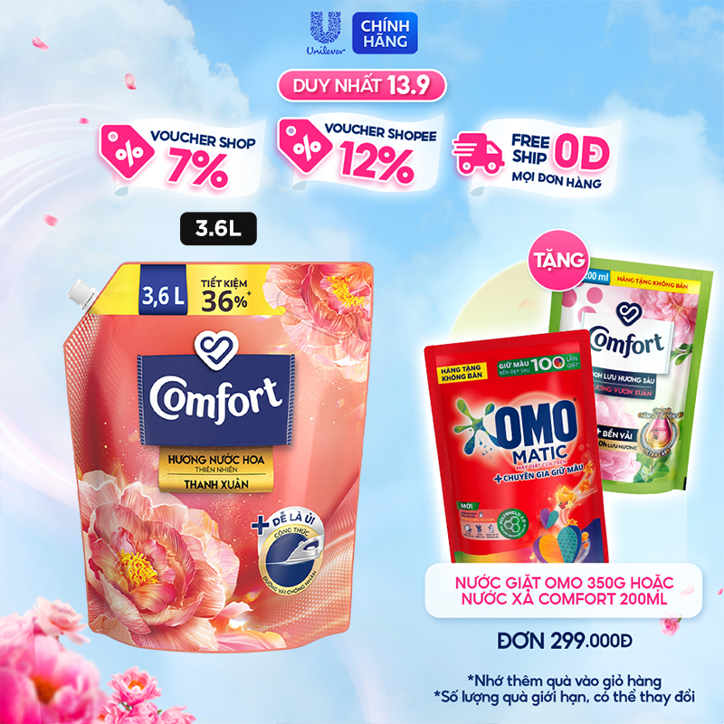Nước xả làm mềm vải & giảm nhăn Comfort Đậm Đặc Hương Hoa Thiên Nhiên Thanh Xuân 3.6L