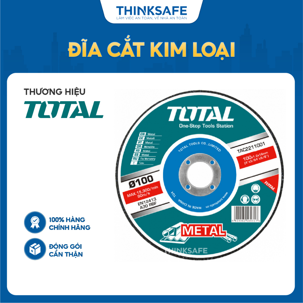 Đĩa cắt kim loại Total TAC2101251 kích thước 125mm mặt trung tâm đĩa phẳng dùng cắt kim loại dụng cụ Total chính hãng