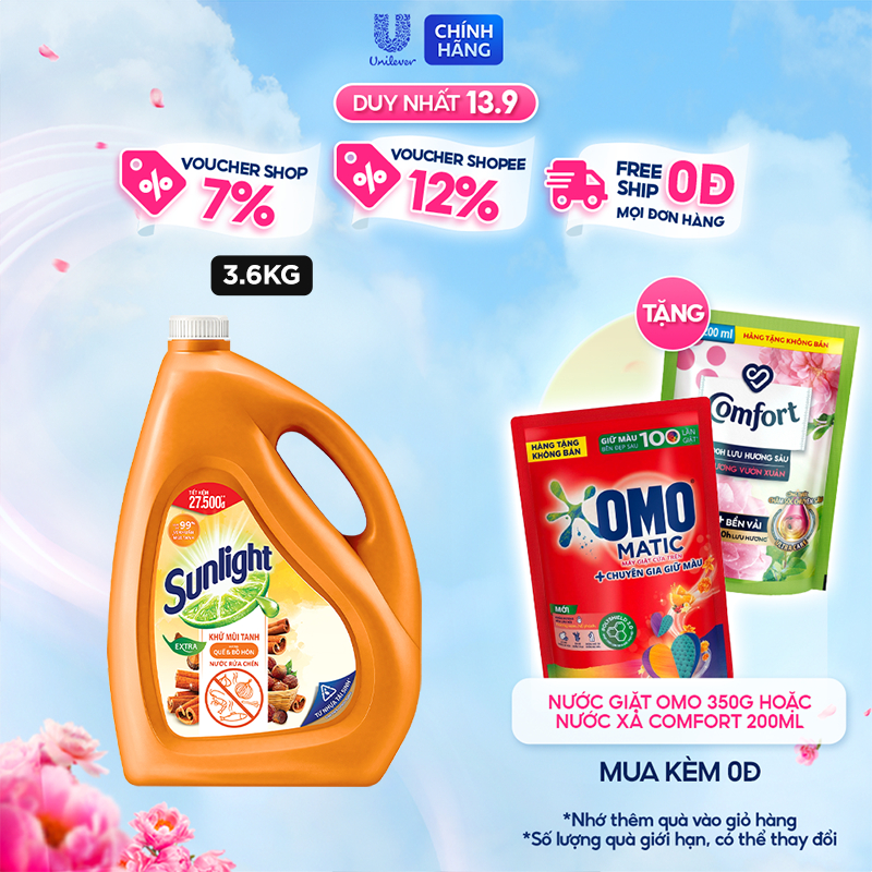 Nước Rửa Chén SUNLIGHT EXTRA Khử Mùi Tanh Hương Quế Và Bồ Hòn Chai 3.6 Kg
