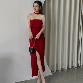 CARA DRESS | ĐẦM CÚP NGỰC XẺ TÀ TÔN DÁNG ĐẦM DÀI MIDI KÈM VÒNG CHOKER ĐI TIỆC HẸN HÒ  (may theo số đo)
