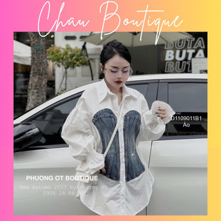 Áo sơ mi trắng tay dài cổ bẻ phối jean cá tính! chausstore
