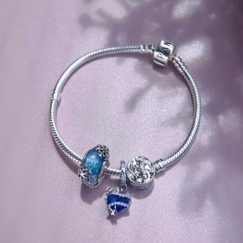 [Bạc thật hàng nhập] Bộ Vòng Charm Pandora Bạc Ý Xanh Princess Silver sang trọng cho nữ