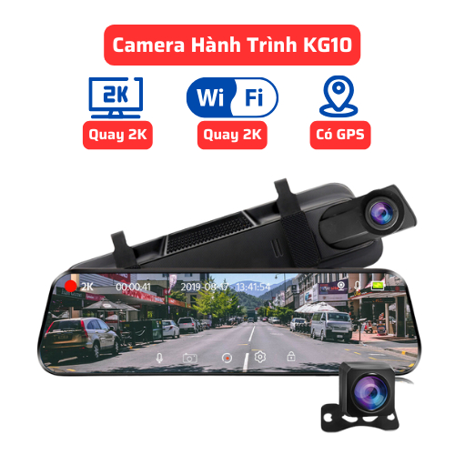 Camera hành trình ô tô KG10 màn hình cảm ứng 10 inch quay 2k cực nét xem video qua wifi có GPS tích hợp camera lùi