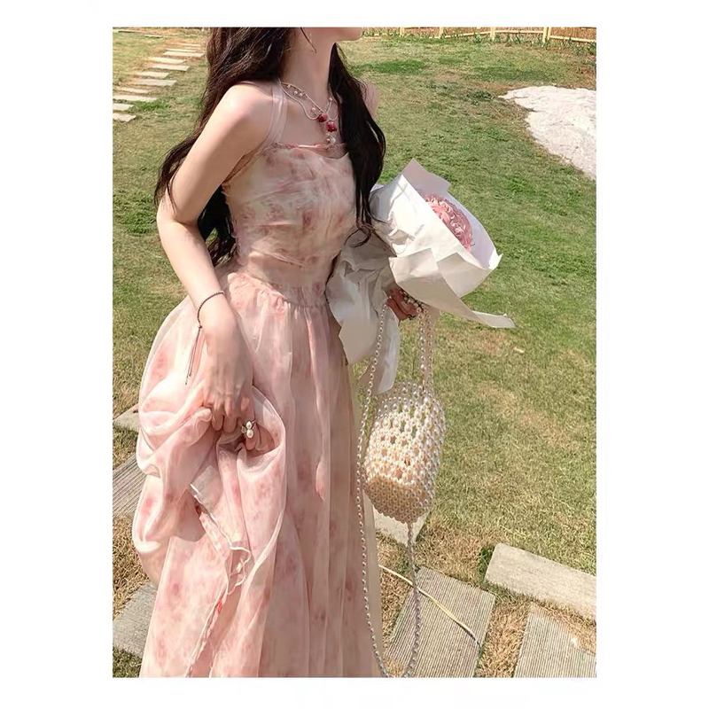 Đầm công chúa hai dây hoạ tiết hoa phong cách pháp