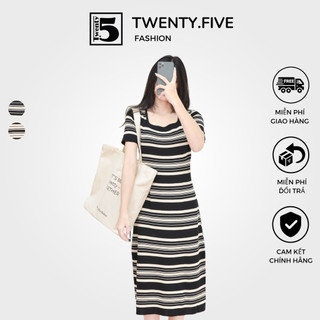 Đầm suông dáng dài, cổ tròn Twenty.5 -  kẻ đen trắng freesize 4955