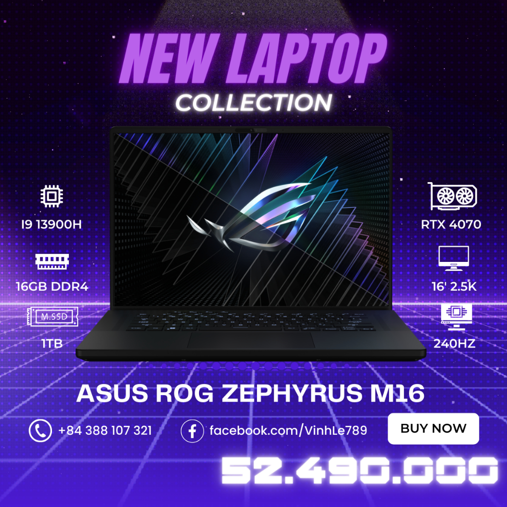 Laptop Asus ROG Zephyrus M16 2023 (I9-13900H/ RTX 4070/ Ram 16GB/ SSD 1TB/ 16' QHD 240Hz) | BigBuy360 - bigbuy360.vn