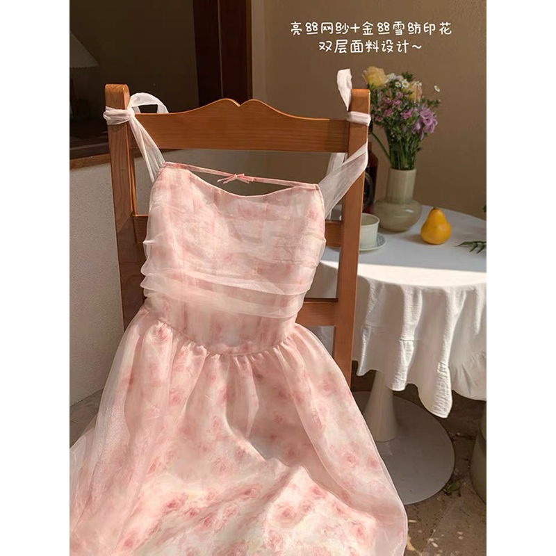 Đầm công chúa hai dây hoạ tiết hoa phong cách pháp