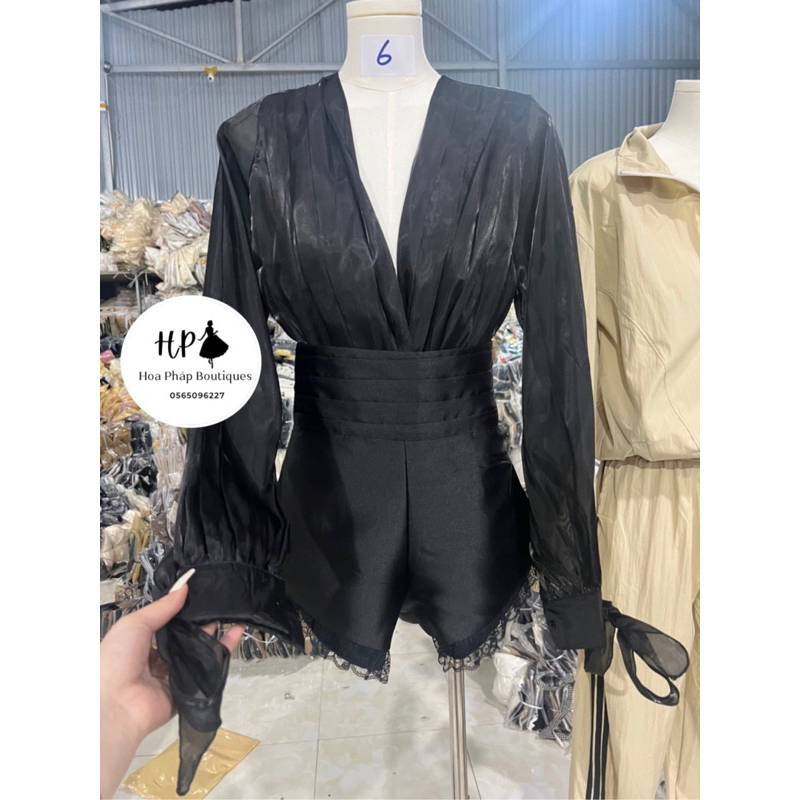 Sét áo sơ mi tơ óng mix quần tacta phối ren