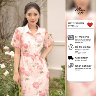 Đầm thiết kế cao cấp MAYY FASHION tơ cổ sơ mi hồng hoạ tiết hoa Cúc Kim Hương