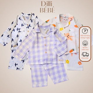 Đồ bộ ngủ áo quần Pijama tay dài quần dài cho bé trai bé gái trẻ em sơ sinh vải Muslin Gấu Teddy - Dilli Bebe