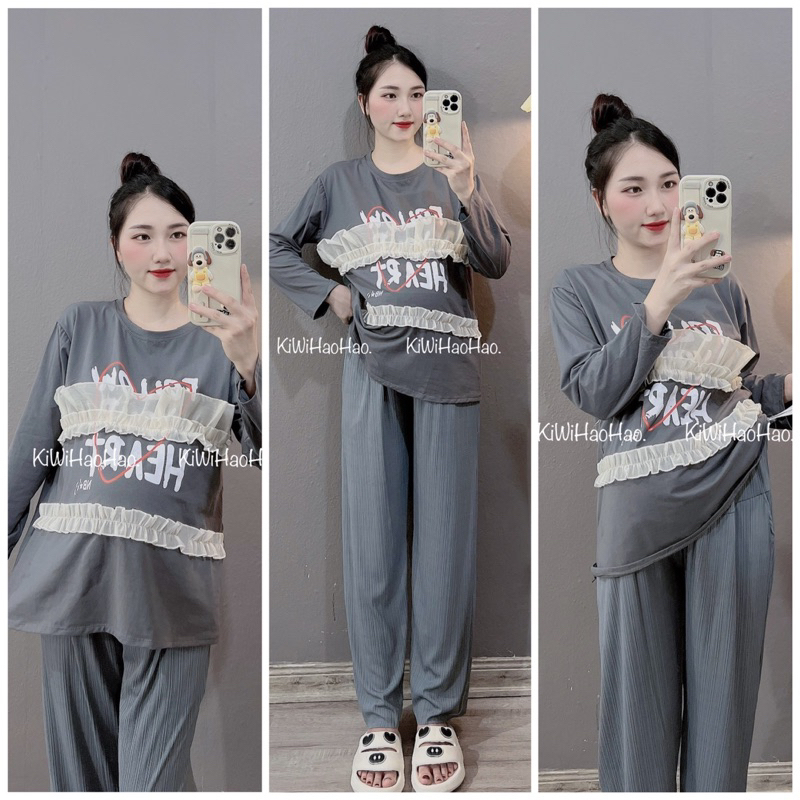 BỘ BẦU- SAU SINH COTTONG DÀI CHỮ BÈO -4 MÀU áo có vén tuti quần có chun chỉnh