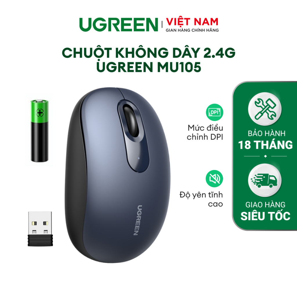 Chuột không dây 2.4G UGREEN MU105 | 4 mức điều chỉnh DPI | Độ yên tĩnh cao | Bảo Hành 18 Tháng 1 Đổi 1