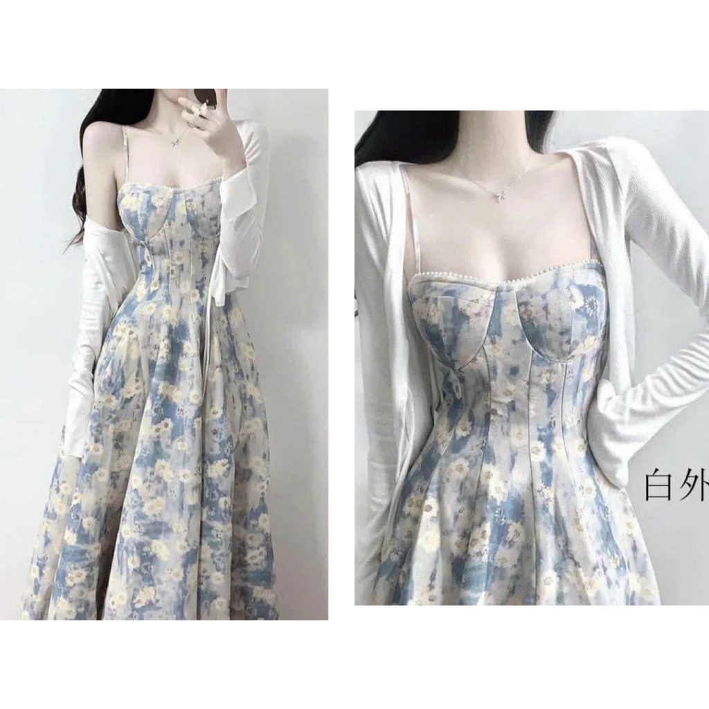 Đầm thời trang nữ mặc đi chơi chất lụa 100D in hoa hoạ tiết Quảng Châu 2 dây váy maxi kèm áo khoác thun gân trắng tay dà