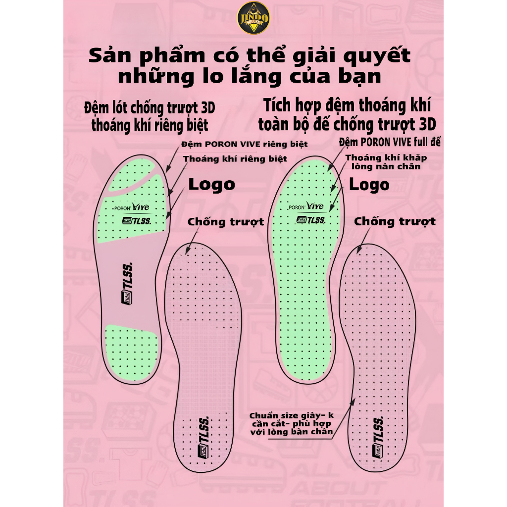Miếng Lót Giày PORON VIVE Lót Giày Đá Bóng Thể Thao Cao Cấp Êm Thoáng Khí, Chống Trơn Trượt 3D TLSS JSD14