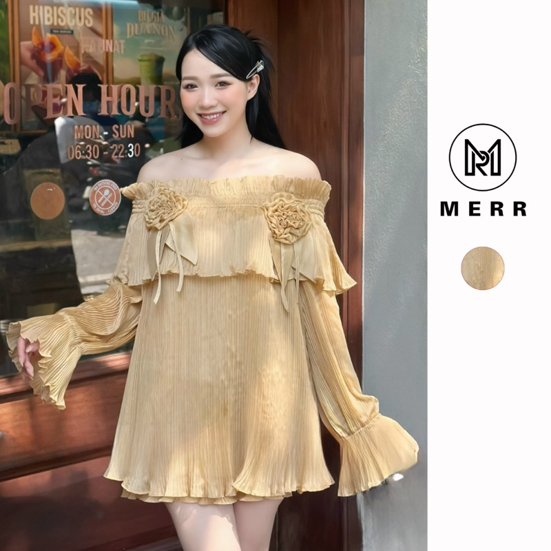 Đầm Tafta Vân Gỗ Tay Bồng Cổ V Kèm Ảnh Thật | MERRCHUYENVAY