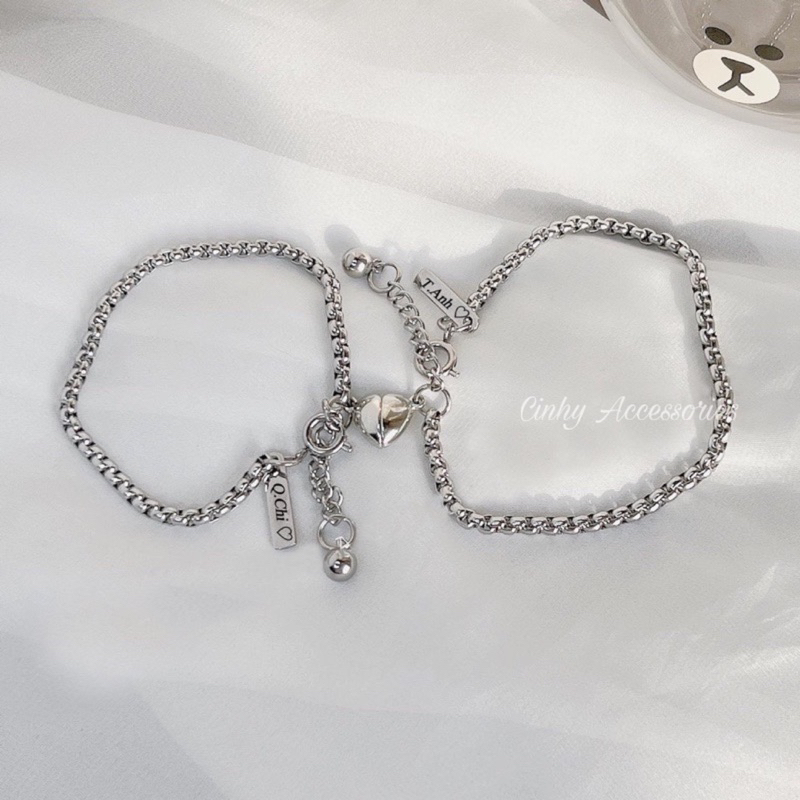 [HÀNG LOẠI 1] Vòng tay đôi nam châm trái tim khắc tên không rỉ - LT07