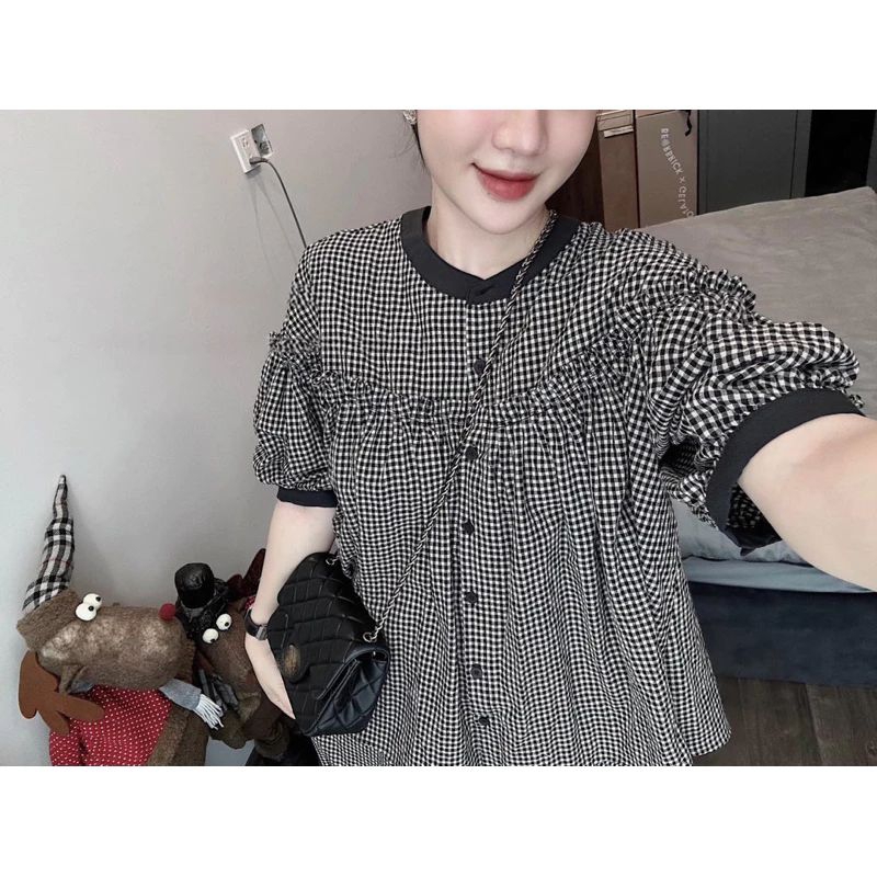 Set babydoll quần ống suông,bộ kẻ caro siêu xinh bigsize 60-95kg