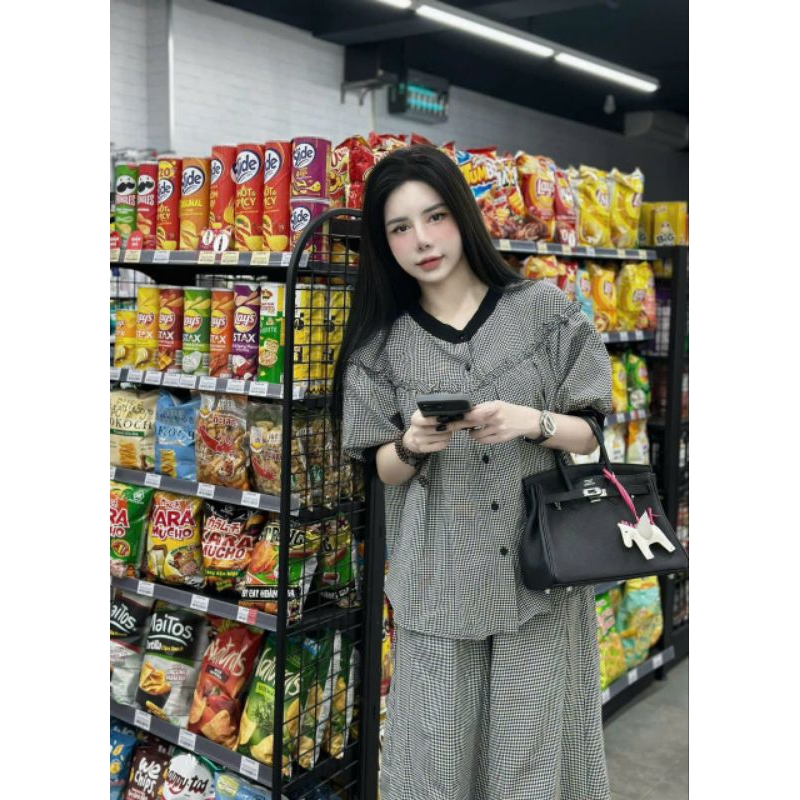 Set babydoll quần ống suông,bộ kẻ caro siêu xinh bigsize 60-95kg