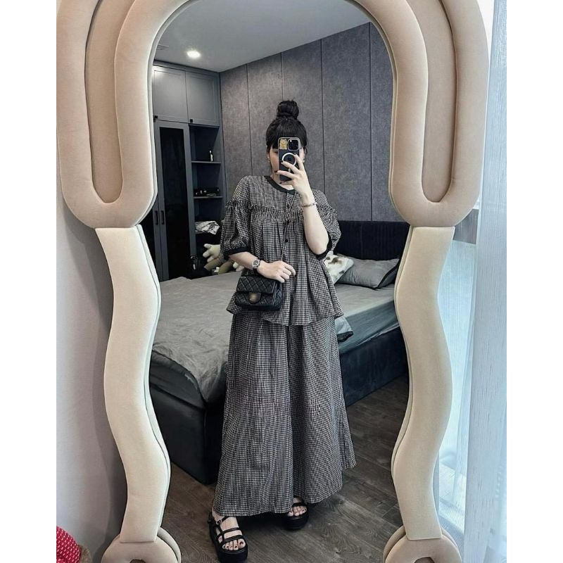 Set babydoll quần ống suông,bộ kẻ caro siêu xinh bigsize 60-95kg