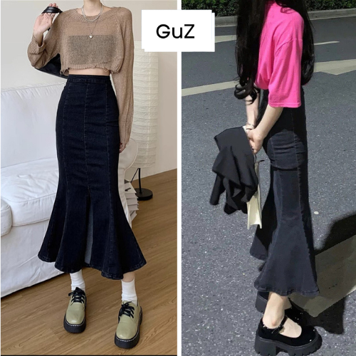Chân váy jean đuôi cá màu đen GUZ, váy form ôm vải jean co dãn, mềm basic mặc đi chơi, du lịch siêu đẹp