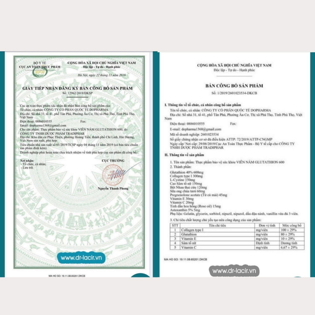 Viên uống trắng da glutathione 600 và viên uống lacir glutathione plus ngừa nám cải thiện nội tiết tố nữ hộp 30 viên
