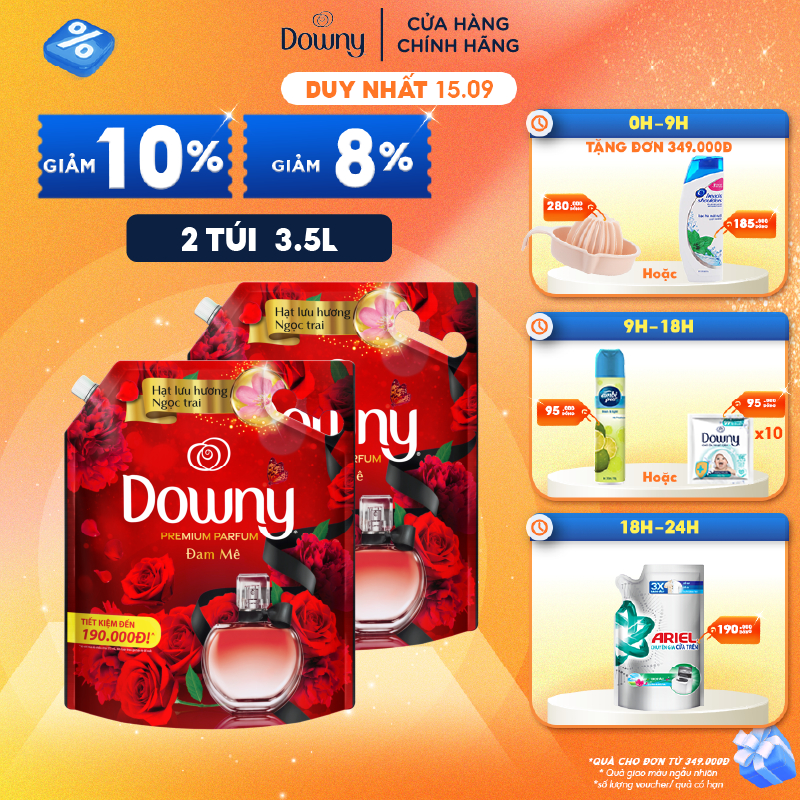 Combo 2 Túi Nước Xả Vải Downy Tinh Dầu Thiên Nhiên Hương Đam Mê 3L/túi