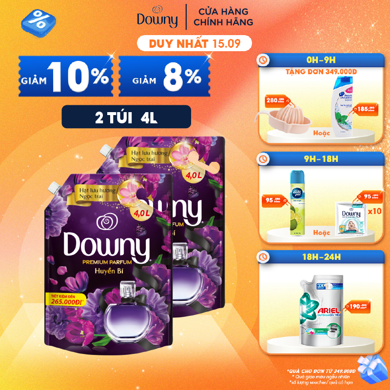 Combo 2 Túi Nước Xả Vải Downy Tinh Dầu Thiên Nhiên Hương Huyền Bí 4L/túi