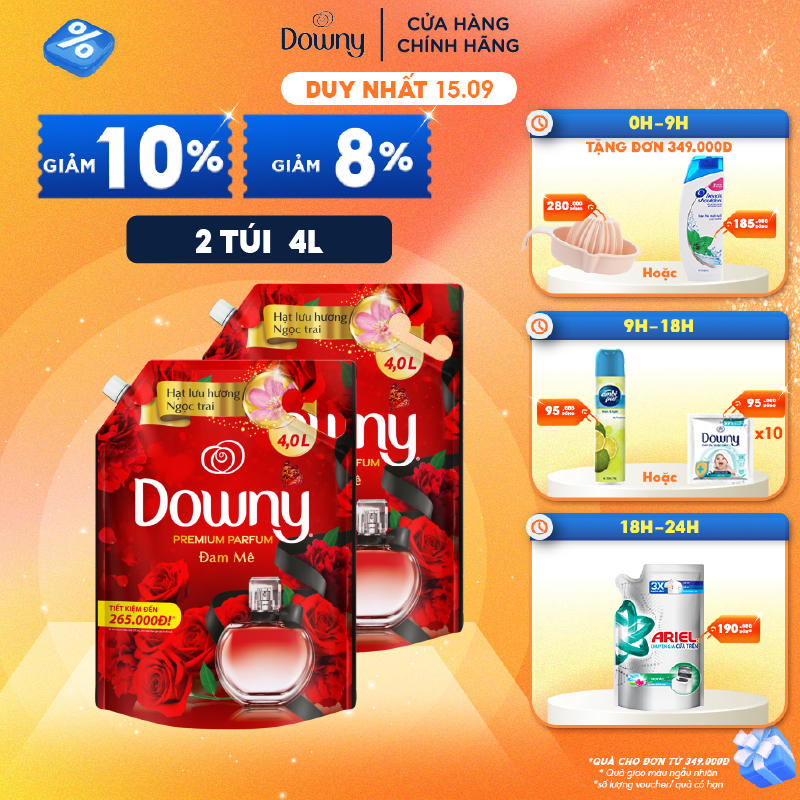 Combo 2 Túi Nước Xả Vải Downy Tinh Dầu Thiên Nhiên Hương Đam Mê 4L/túi