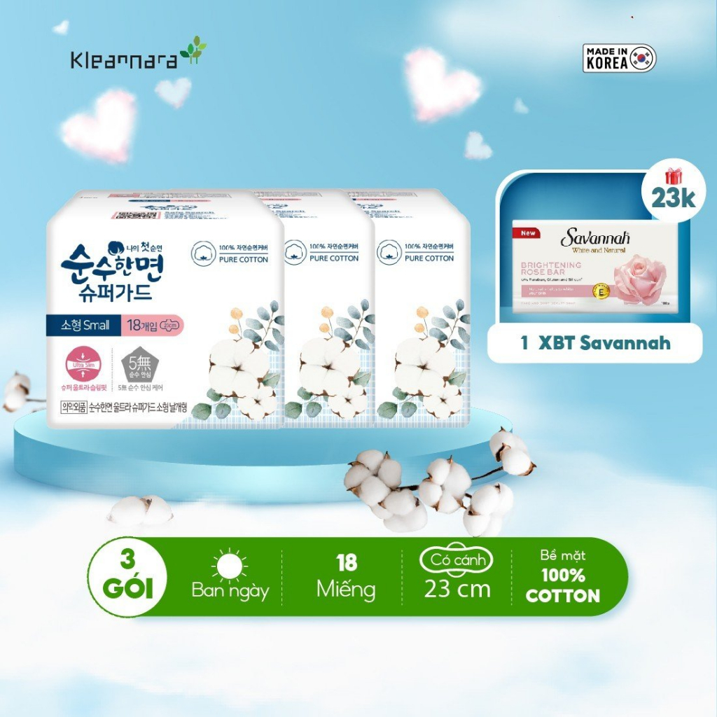Combo 3 gói băng vệ sinh Kleannara Soonsoohan Hàn Quốc siêu mỏng ban ngày size S 23cm - 18 miếng/gói có cánh