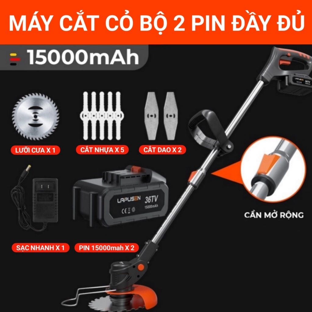 Máy cắt cỏ, tỉa cành cầm tay pin 15000mah, động cơ 1800w mạnh mẽ, bảo hành 24 tháng