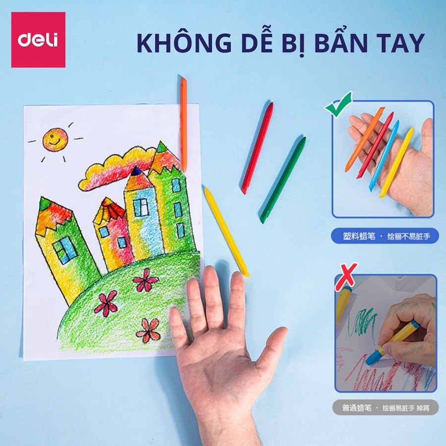 Bút sáp màu hữu cơ Deli tô màu vẽ tranh không vấy bẩn tay, an toàn khi sử dụng