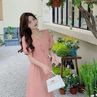 Đầm cổ V cách điệu 2 màu (kèm hình thật)