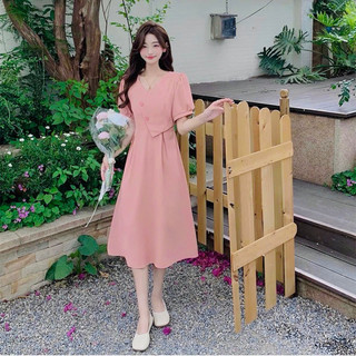 Đầm cổ V cách điệu 2 màu (kèm hình thật)