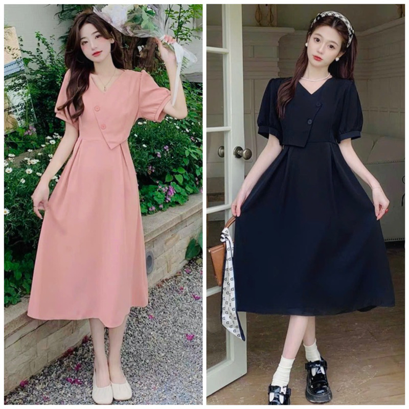 Đầm cổ V cách điệu 2 màu (kèm hình thật)